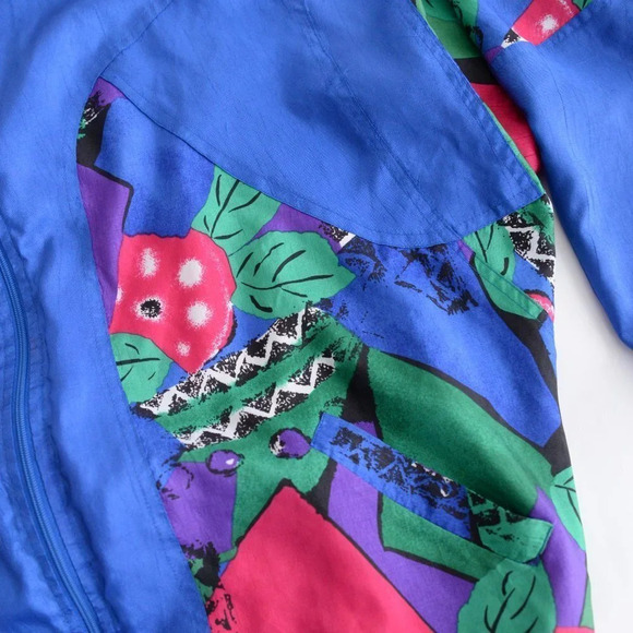 Vintage TanJay Blue Nylon Pink & Green Abstract Design Light Bomber Jacket XS - Picture 8 of 14